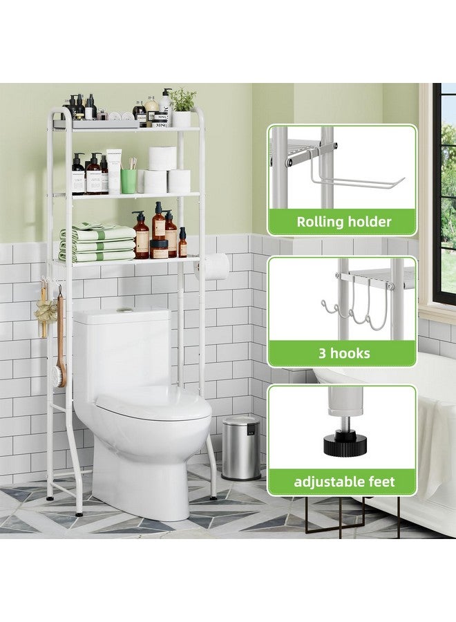 Simple Trending Over The Toilet Storage Rack, Metal 3 Tier Bathroom Organizer Shelf with Paper Holder and 3 Hooks, White - Image 4