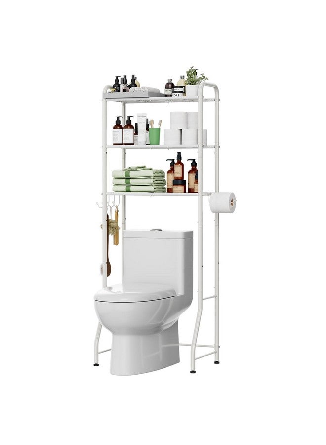 Simple Trending Over The Toilet Storage Rack, Metal 3 Tier Bathroom Organizer Shelf with Paper Holder and 3 Hooks, White - Image 1