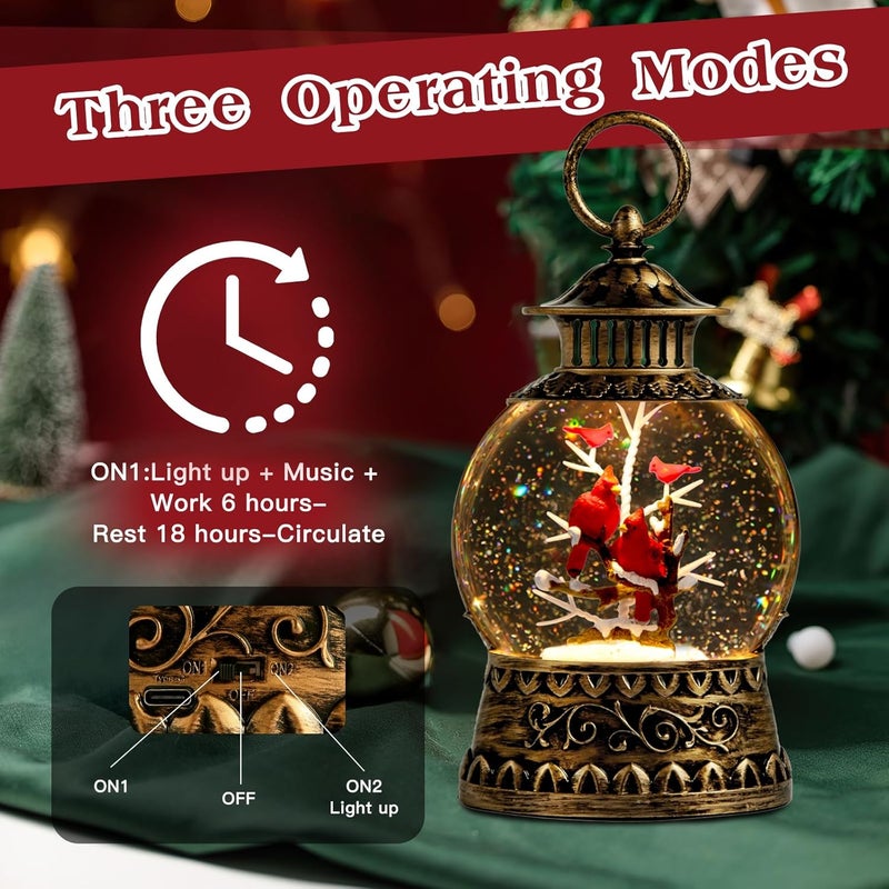 Aixuler Cardinal Christmas Snow Globe, Cardinal Musical Snow Globe Lantern Lights with 6H Timer Battery & USB Powered, Retro Style Holiday Glitter Globe for Xmas Home Decoration Holiday Party Gifts - Image 5