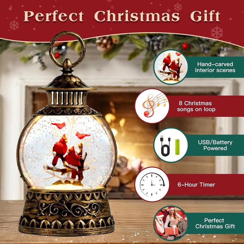 Aixuler Cardinal Christmas Snow Globe, Cardinal Musical Snow Globe Lantern Lights with 6H Timer Battery & USB Powered, Retro Style Holiday Glitter Globe for Xmas Home Decoration Holiday Party Gifts - Image 2
