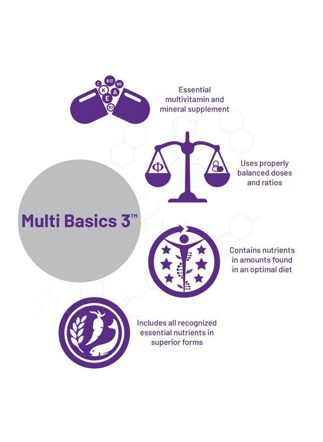 Multi Basics 3 Essential Multivitamin Fully Balanced Multimineral Dietary Supplement 60 Servings (180 Capsules)