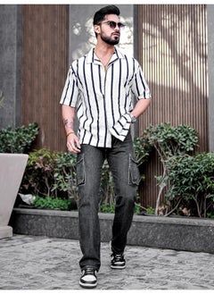 Maniac Mens Striped Collared Neck 3/4th Sleeve White Popcorn Knitted Shirt  - Image 5