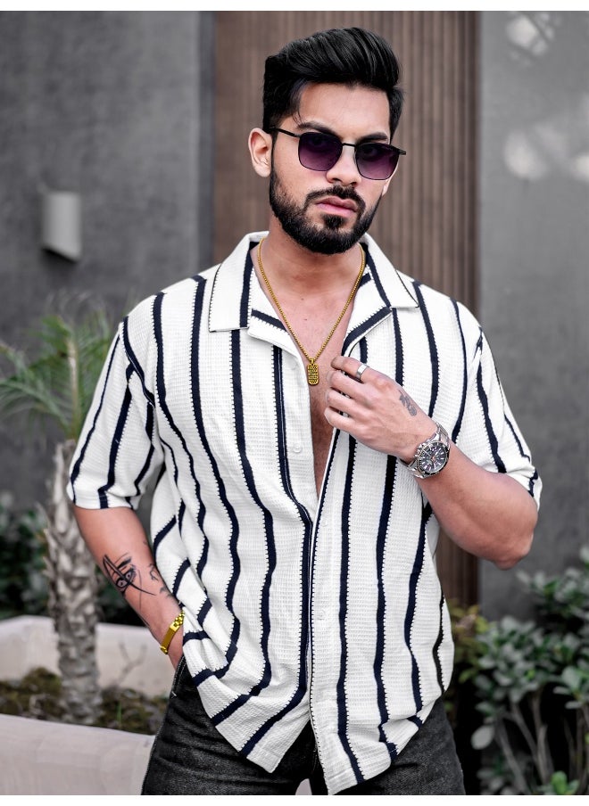 Maniac Mens Striped Collared Neck 3/4th Sleeve White Popcorn Knitted Shirt  - Image 1