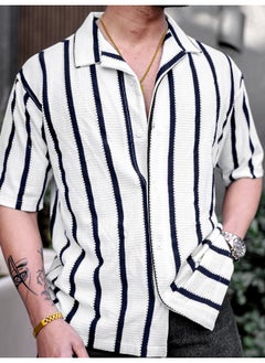 Maniac Mens Striped Collared Neck 3/4th Sleeve White Popcorn Knitted Shirt  - Image 4