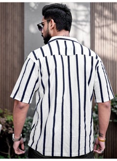 Maniac Mens Striped Collared Neck 3/4th Sleeve White Popcorn Knitted Shirt  - Image 3