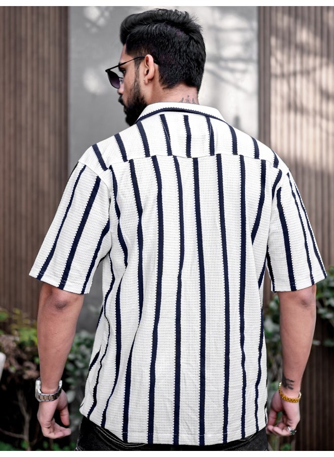 Maniac Mens Striped Collared Neck 3/4th Sleeve White Popcorn Knitted Shirt  - Image 3