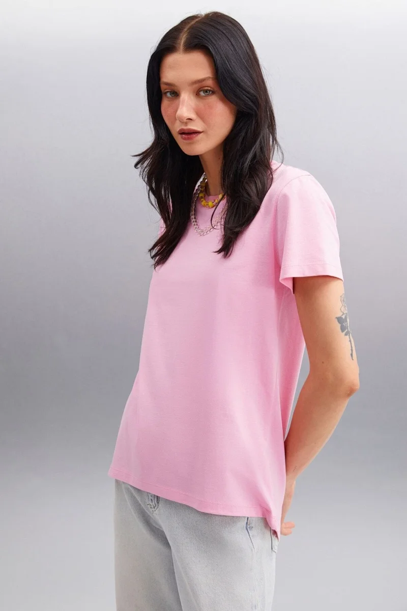 GRIMELANGE Samantha Women's Comfort Fit 100% Organic Cotton Basic Knitted Pink T-shirt