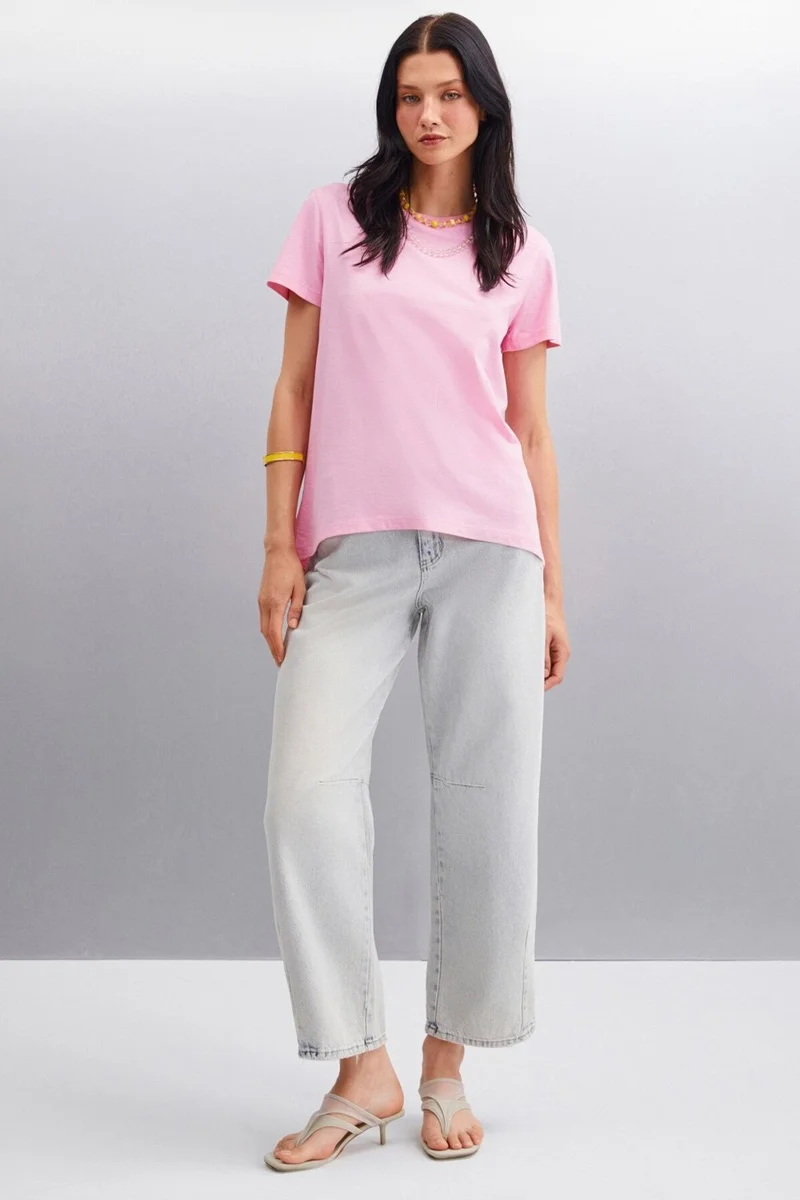 GRIMELANGE Samantha Women's Comfort Fit 100% Organic Cotton Basic Knitted Pink T-shirt