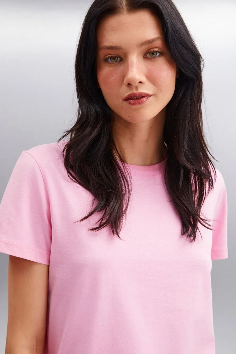 GRIMELANGE Samantha Women's Comfort Fit 100% Organic Cotton Basic Knitted Pink T-shirt