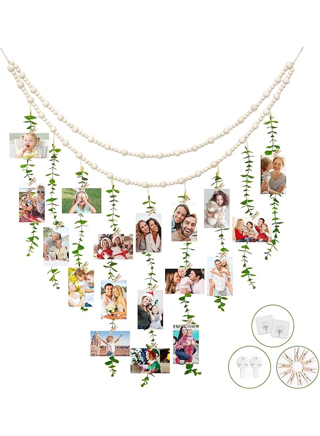 The Bros Hanging Photo Display Wall Decor, Boho Wooden Bead Garland Eucalyptus Picture Frame with 20 Wood Clips for Bedroom, Living Room, Office, Dorm Decor, Photos Holder - Image 1