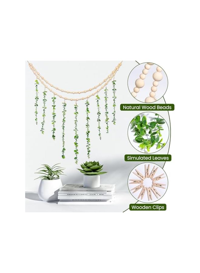 The Bros Hanging Photo Display Wall Decor, Boho Wooden Bead Garland Eucalyptus Picture Frame with 20 Wood Clips for Bedroom, Living Room, Office, Dorm Decor, Photos Holder - Image 3