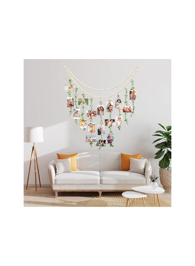The Bros Hanging Photo Display Wall Decor, Boho Wooden Bead Garland Eucalyptus Picture Frame with 20 Wood Clips for Bedroom, Living Room, Office, Dorm Decor, Photos Holder - Image 5