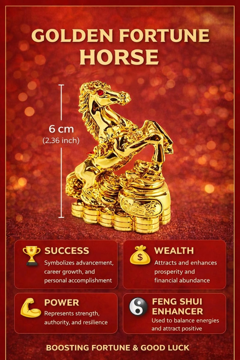 GJ Vastu Feng Shui Very Lucky Single Horse Idol Small Size - Gold Colour (6 CM) - Image 2