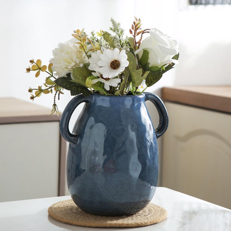 Kimdio Blue Ceramic Vase with 2 Handles, Modern Farmhouse Vases for Home Decor, Rustic Pottery Vase, Decorative Terracotta Vases for Pampas Grass, Clay Jug for Living Room Dining Table Shelves - Image 3