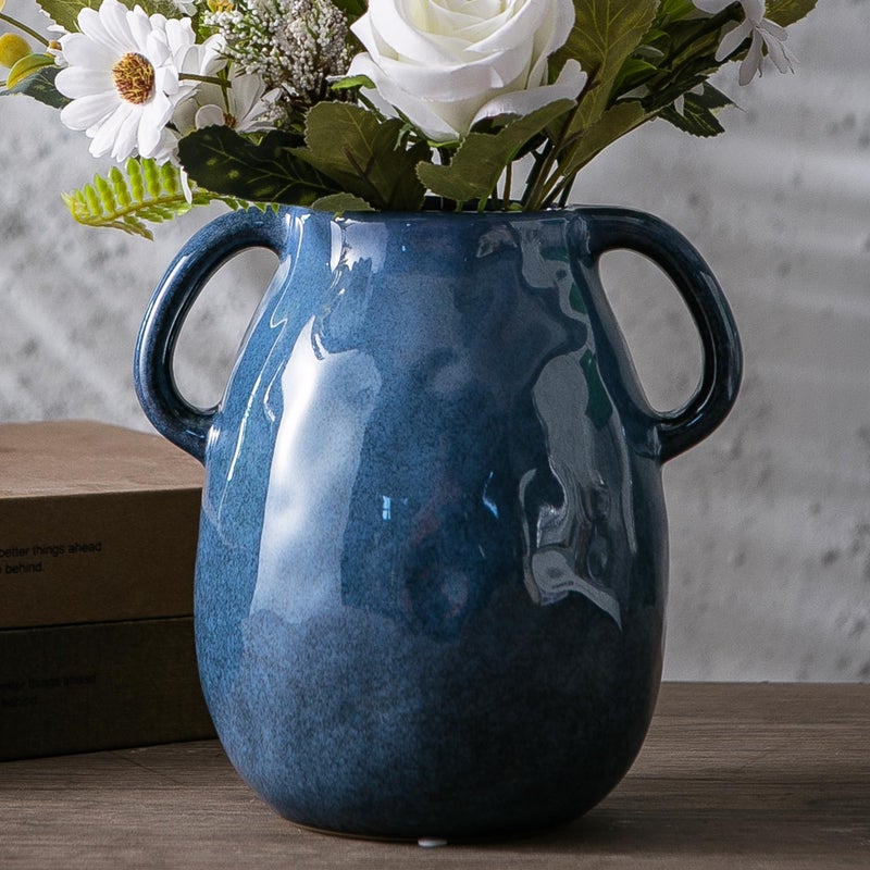 Kimdio Blue Ceramic Vase with 2 Handles, Modern Farmhouse Vases for Home Decor, Rustic Pottery Vase, Decorative Terracotta Vases for Pampas Grass, Clay Jug for Living Room Dining Table Shelves - Image 1