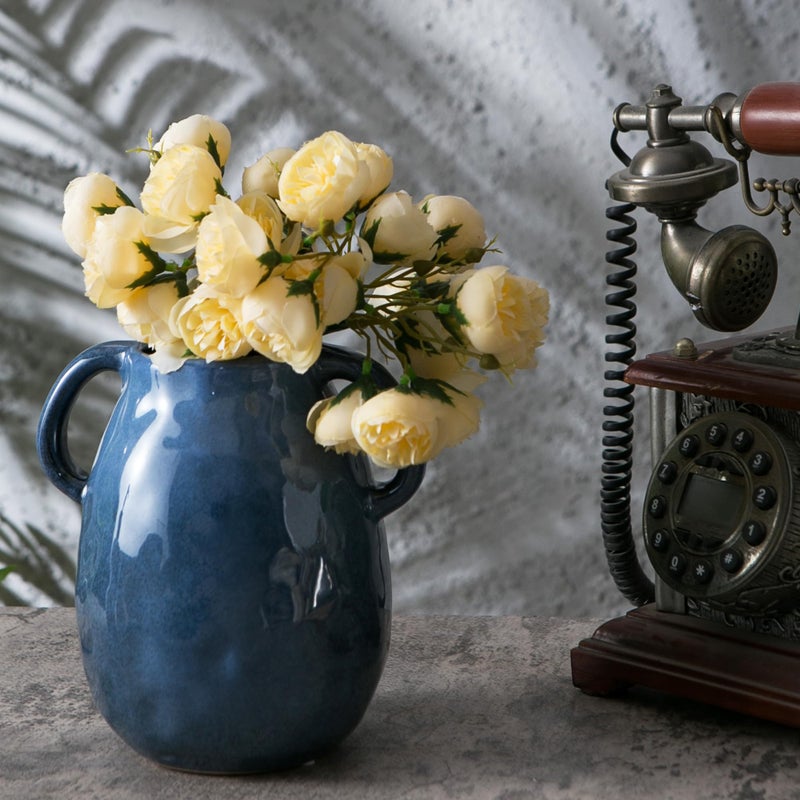 Kimdio Blue Ceramic Vase with 2 Handles, Modern Farmhouse Vases for Home Decor, Rustic Pottery Vase, Decorative Terracotta Vases for Pampas Grass, Clay Jug for Living Room Dining Table Shelves - Image 2