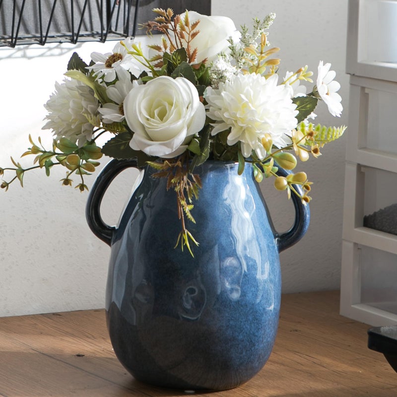 Kimdio Blue Ceramic Vase with 2 Handles, Modern Farmhouse Vases for Home Decor, Rustic Pottery Vase, Decorative Terracotta Vases for Pampas Grass, Clay Jug for Living Room Dining Table Shelves - Image 4