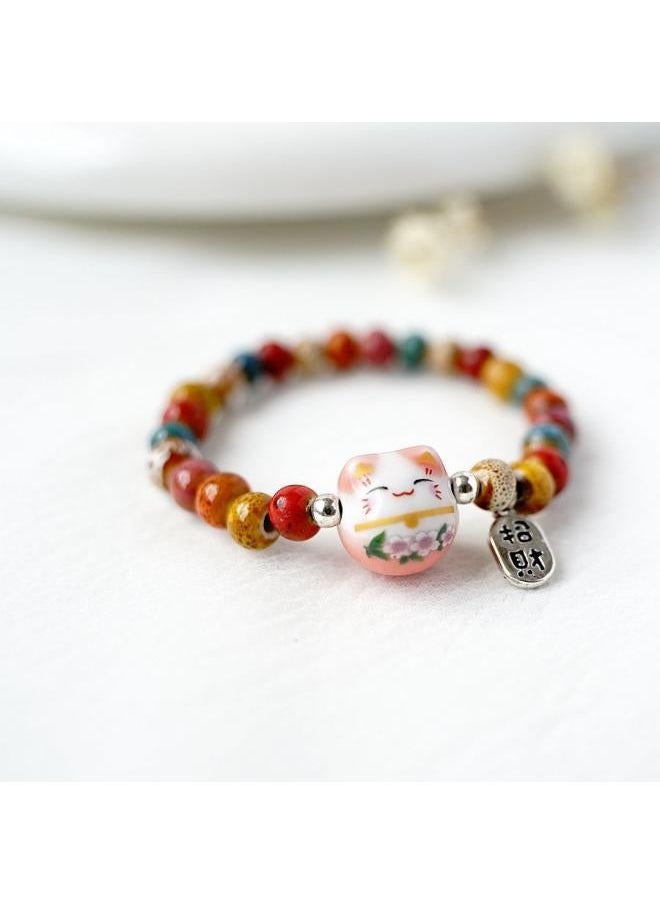 نيبمينينت Fresh And Sweet Ethnic Style Lucky Cat Ceramic Bracelet Handmade Beaded Classmates Friends Lovers Hand Rope Manufacturers 