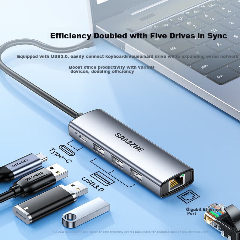 SAMZHE Type-C Expansion Dock, USB-C to Gigabit Ethernet Port Expansion Dock, RJ45 Splitter Adapter, Thunderbolt 4 Compatible, for Apple Computers MacBook Pro Laptops HWK1-C - Image 1