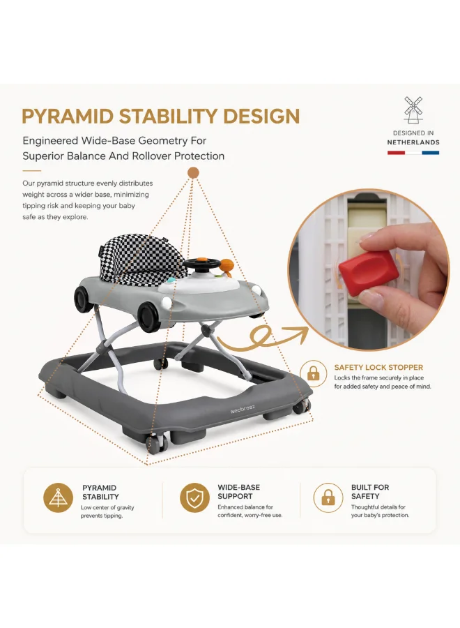 نيوبريز Neobreez NAVIX 3-in-1 Baby Walker, Music & Lights, Anti-Fall Protection, 6 Months+ - Grey