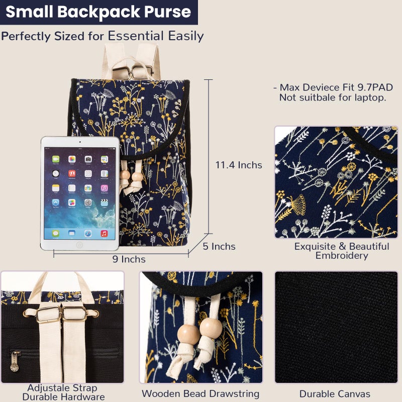 Goodhan Vintage Embroidered Backpack Purses for Women - Boho Shoulder Bag for Travel,Ethnic Floral Mini Back Pack,Lightweight Handbags for Daily Use (Deep Blue) - Image 3