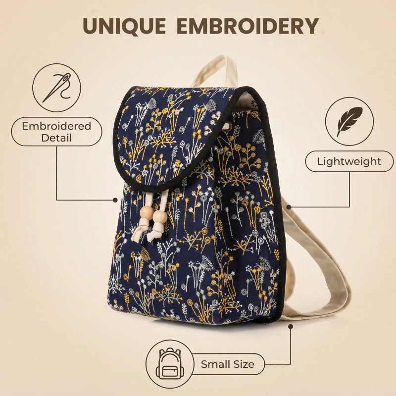 Goodhan Vintage Embroidered Backpack Purses for Women - Boho Shoulder Bag for Travel,Ethnic Floral Mini Back Pack,Lightweight Handbags for Daily Use (Deep Blue) - Image 2