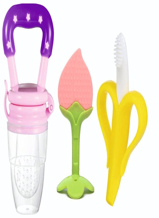 Roforuf Baby Banana Teether,Peach Teether & Fruit Feeder Combo – Safe & Soft Teething Relief & Oral Care Perfect for Newborn Toddlers & Infant Baby - Pack of 3 (Pink PCH) - Image 1