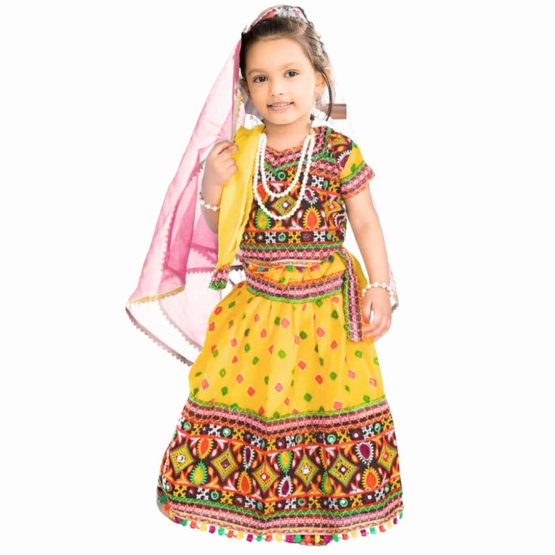 Storio Little Radha Dress Set with Lehenga, Choli, Dupatta, Gajra, Mang Tika, and Kan Kundal, Brocade Fabric Janmashtami Mythological Character Costume, Traditional Fancy Dress - Image 1