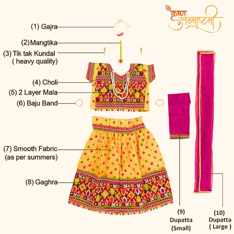 Storio Little Radha Dress Set with Lehenga, Choli, Dupatta, Gajra, Mang Tika, and Kan Kundal, Brocade Fabric Janmashtami Mythological Character Costume, Traditional Fancy Dress - Image 2