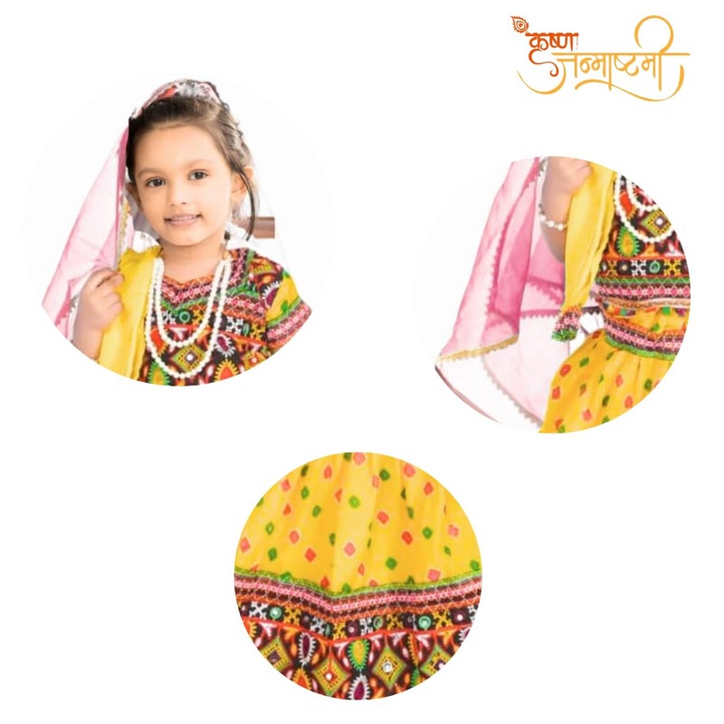 Storio Little Radha Dress Set with Lehenga, Choli, Dupatta, Gajra, Mang Tika, and Kan Kundal, Brocade Fabric Janmashtami Mythological Character Costume, Traditional Fancy Dress - Image 3