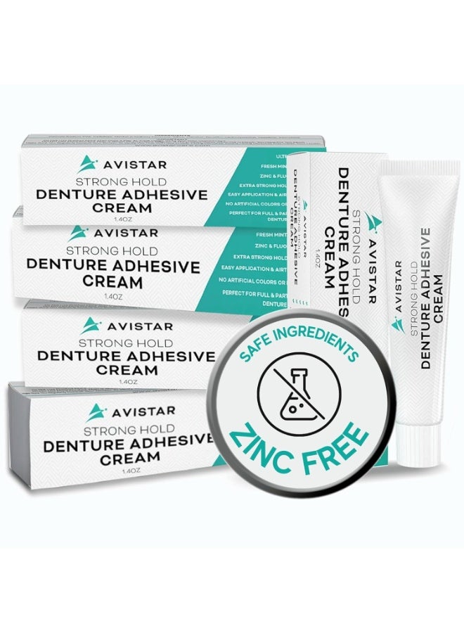 Avistar Extra Strong Denture Adhesive Cream, 12 Hour Hold Dental Glue, Waterproof, Zinc & Fluoride Free, Easy Apply Nozzle, Seals Food Out for Comfort, Mint Flavor (5 Pack, 7 Fl Oz) - Image 1