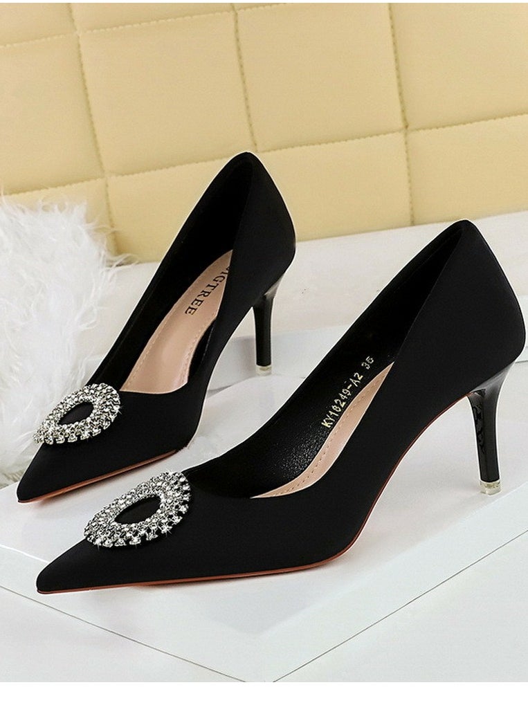 BIGTREE Women's Closed Pointed Toe Stiletto Pump Rhinestone Round Buckle Decoration High Heels Black 7.5CM  - Image 1