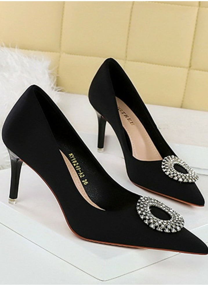 BIGTREE Women's Closed Pointed Toe Stiletto Pump Rhinestone Round Buckle Decoration High Heels Black 7.5CM  - Image 2
