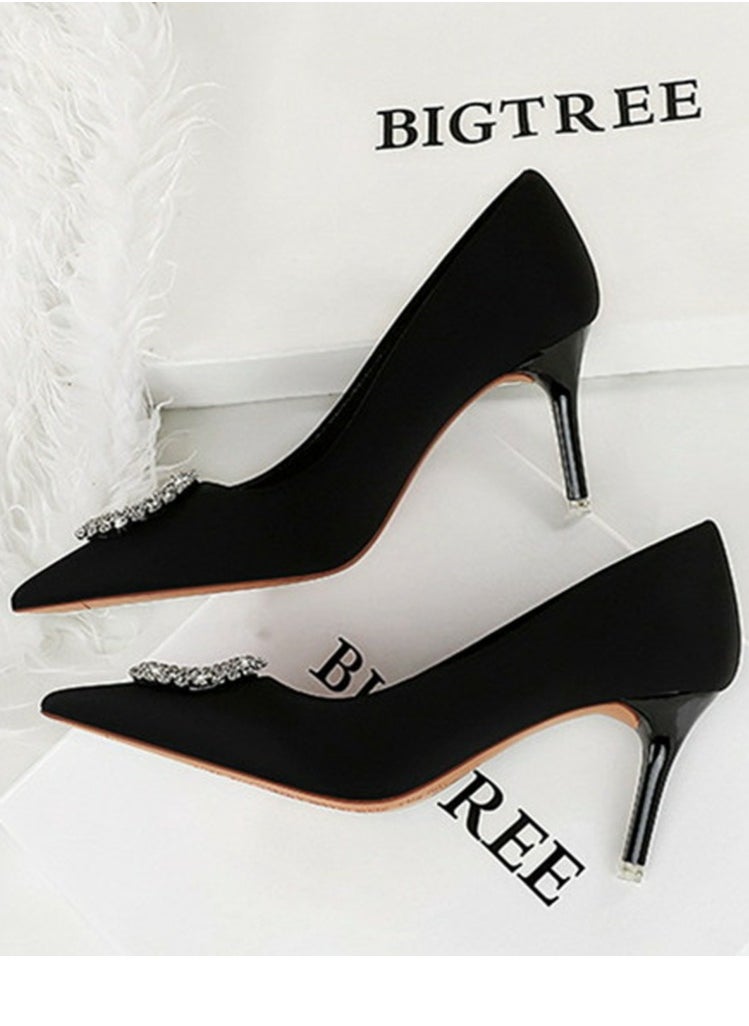 BIGTREE Women's Closed Pointed Toe Stiletto Pump Rhinestone Round Buckle Decoration High Heels Black 7.5CM  - Image 3