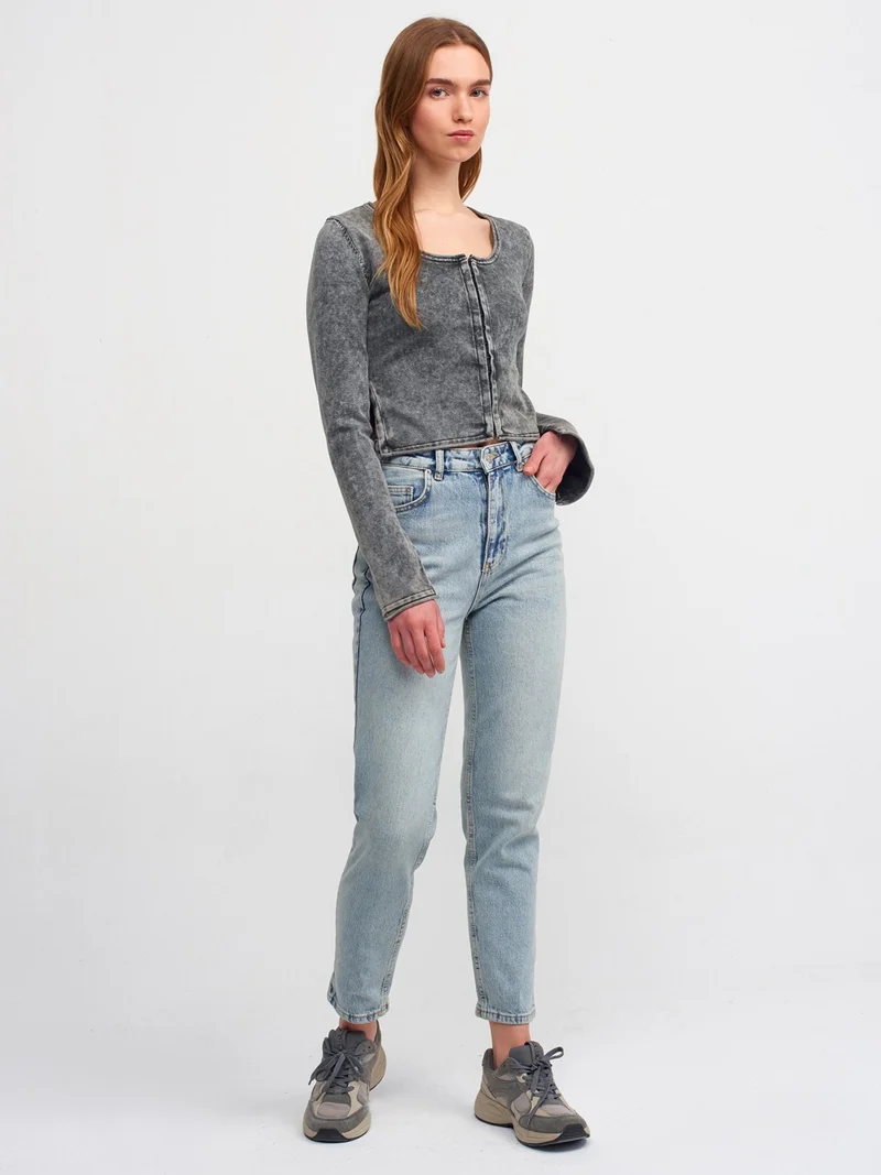 ديلفين 60214 Faded Effect Agraffiti Crop Knitwear Cardigan-Anthracite