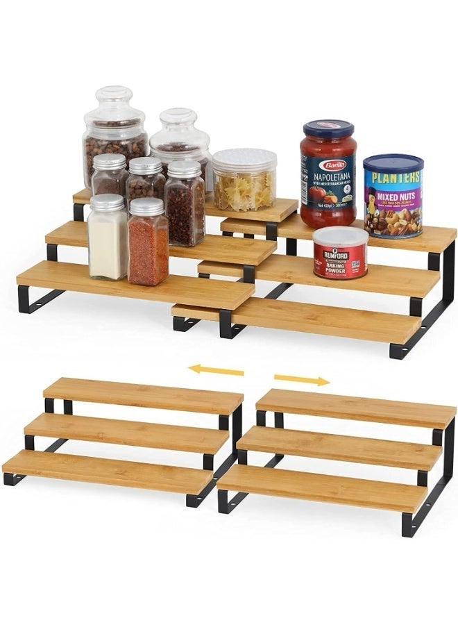 XICEN 2 Set Spice Rack, Kitchen Cabinet Organizer Used Independently or Stacked, Bamboo & Metal Countertop & Cabinet Spice Stand, 3-Tier Step Shelf for Kitchen Cabinet, Pantry, Cupboard, Countertop Use - Image 1