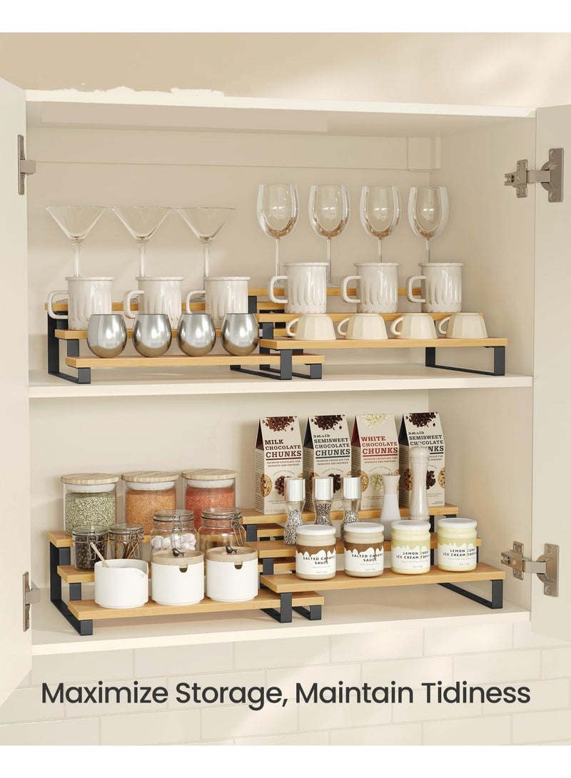 XICEN 2 Set Spice Rack, Kitchen Cabinet Organizer Used Independently or Stacked, Bamboo & Metal Countertop & Cabinet Spice Stand, 3-Tier Step Shelf for Kitchen Cabinet, Pantry, Cupboard, Countertop Use - Image 2