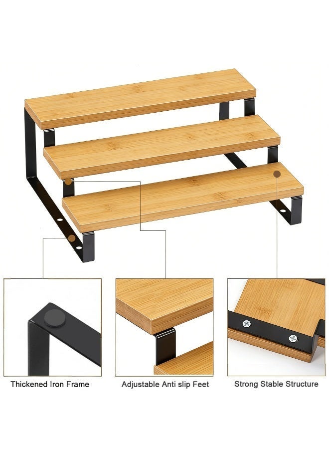XICEN 2 Set Spice Rack, Kitchen Cabinet Organizer Used Independently or Stacked, Bamboo & Metal Countertop & Cabinet Spice Stand, 3-Tier Step Shelf for Kitchen Cabinet, Pantry, Cupboard, Countertop Use - Image 4