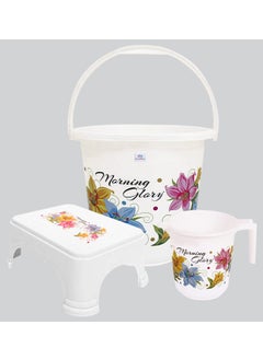 Kuber Industries Heart Home Printed 3 Pieces Plastic Bucket, Mug & Stool Set (White)  - Image 1
