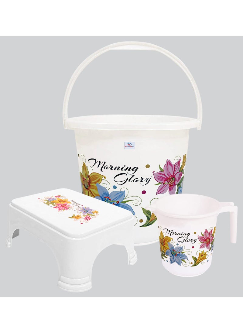 Kuber Industries Heart Home Printed 3 Pieces Plastic Bucket, Mug & Stool Set (White)  - Image 1