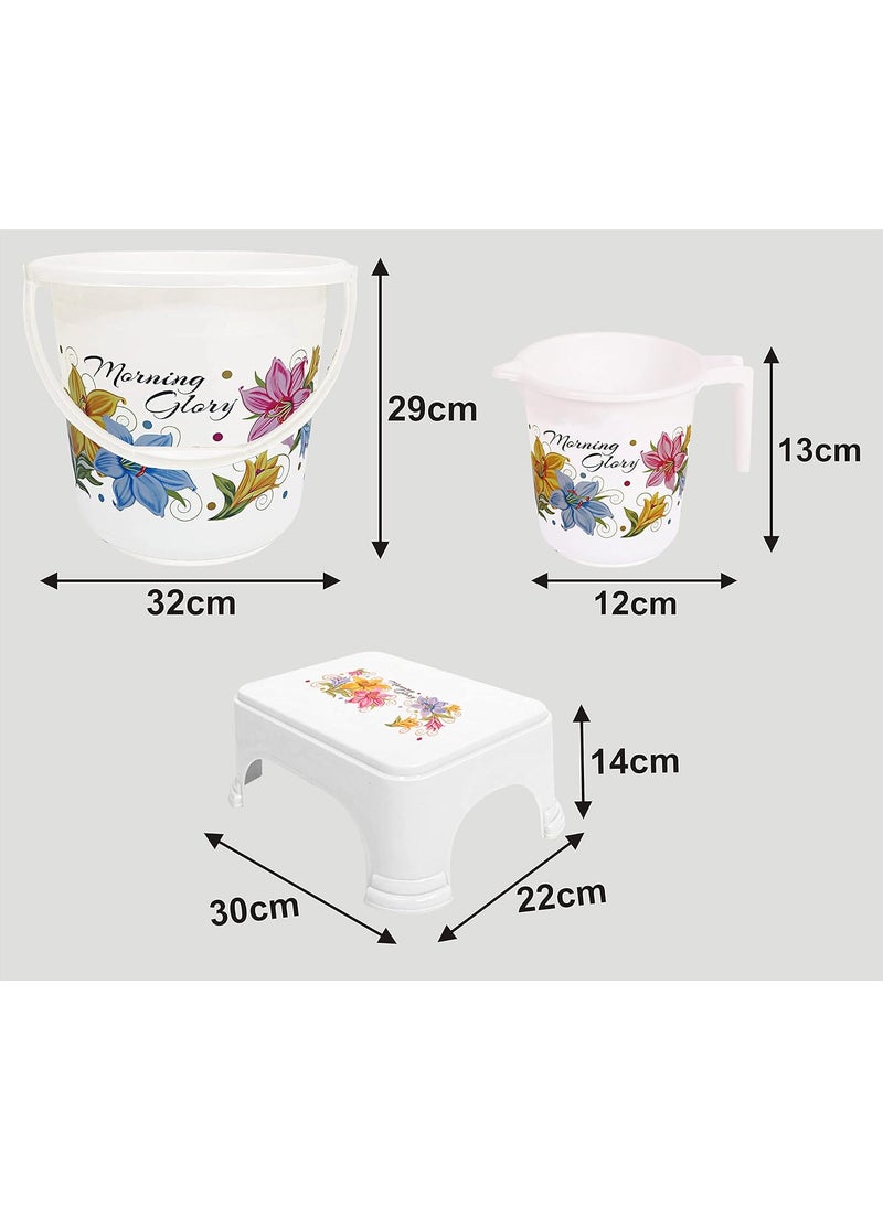 Kuber Industries Heart Home Printed 3 Pieces Plastic Bucket, Mug & Stool Set (White)  - Image 4
