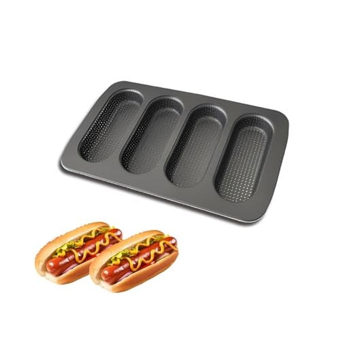 JSJMOFA Hot Dot Bun Pan, Non-Stick Carbon Steel Baguette Pan, Perforated Hotdog Bread Pans, Mini Baguette Sandwich Baking Trays for Hot Dog Bun Rolls, Black (1 Pack)