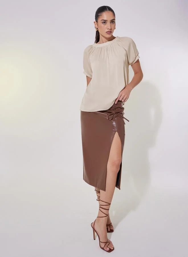 تايك تو Solid Puff Sleeve Blouse with Tie-Up Closure