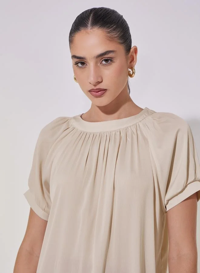 تايك تو Solid Puff Sleeve Blouse with Tie-Up Closure