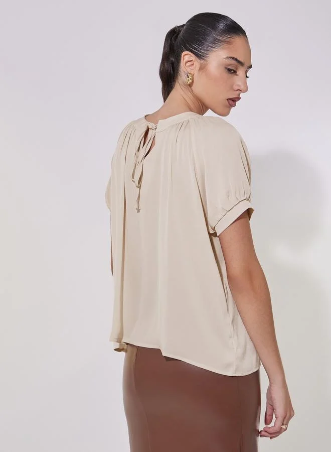 تايك تو Solid Puff Sleeve Blouse with Tie-Up Closure