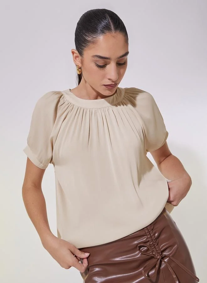 تايك تو Solid Puff Sleeve Blouse with Tie-Up Closure