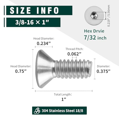 EASTLO 3/8-16 x 1 Flat Countersunk Head Socket Cap Screws, Full Thread, Machine Thread, Allen Hex Drive, 304 Stainless Steel 18-8 SS, 20 PCS - Image 4