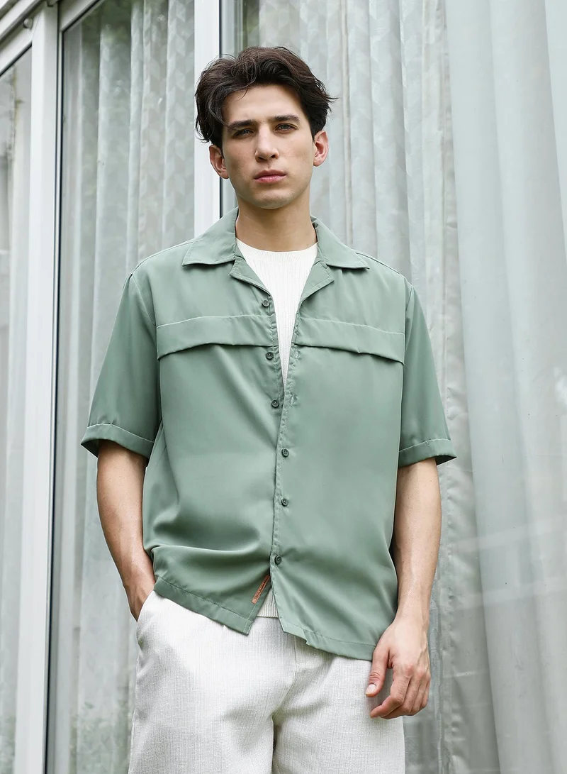 Campus Sutra Men's Sage Green Cuban Collar Relaxed Fit Shirt For Men