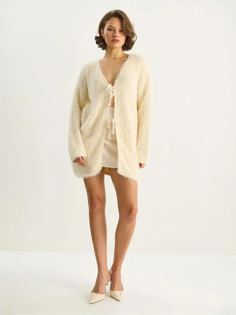 Bianco Lucci LUCCI Textured V-Neck Midi Cardigan with Tie Closure