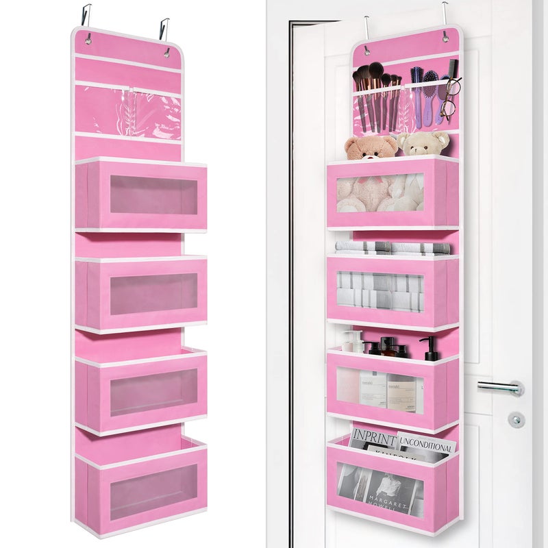 Over Door Organizer with 4 Large Capacity Pockets Hanging Organizer Storage for Closet Bathroom Nursery Bedroom Dorm Toys Cosmetics Sundries and Baby Essentials Pink